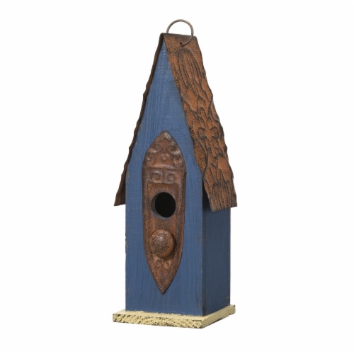 Glitzhome 13.25 Inch Tall Retro Blue Distressed Solid Wood Birdhouse Perspective: front