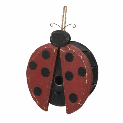 Glitzhome 11.5 H Distressed Solid Wood Ladybug Birdhouse Perspective: front