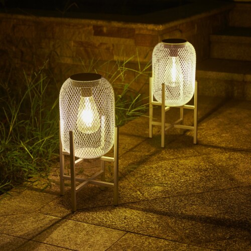 Glitzhome Set of Two 14.25 Inch H Solar Powered Outdoor Lantern White Metal Mesh with Stand Perspective: front