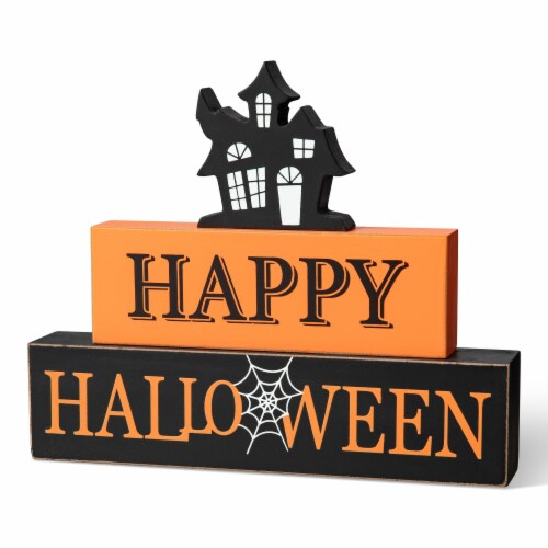 Glitzhome 9.5 Inch Length Happy Halloween Wooden Haunted House Block Sign Perspective: front