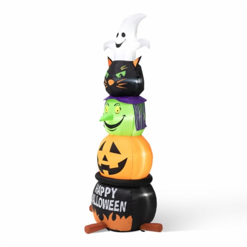 Glitzhome 8 Feet Lighted Halloween Inflatable Stacked Ghost, Black Cat, Witch & Pumpkin Decor Perspective: front