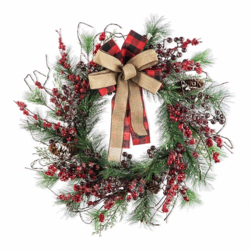 Glitzhome 24 Inch Diameter Frosted Berry, Pine with Bowknot Wreath Perspective: front