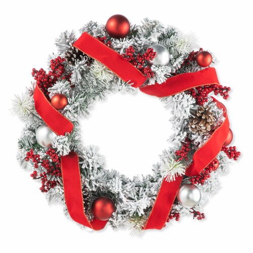 Glitzhome 24 Inch Diameter Flocked Berry, Pinecone Ribbon Wreath Perspective: front