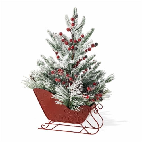 Glitzhome 21 Inch Tall Christmas Red Sleigh Frosted Floral Centerpiece Perspective: front