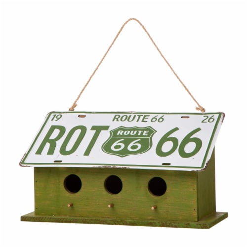 Glitzhome 14 Inches Green Licence Plates Bird House Solid Wood/Metal Crafted Perspective: front