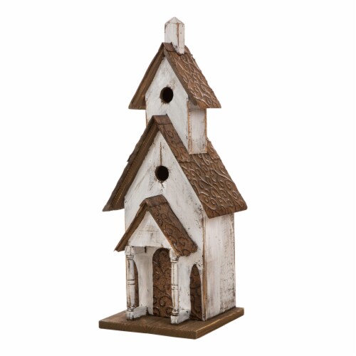 Glitzhome Distressed Textured Wooden Church Model Birdhouse, White Perspective: front