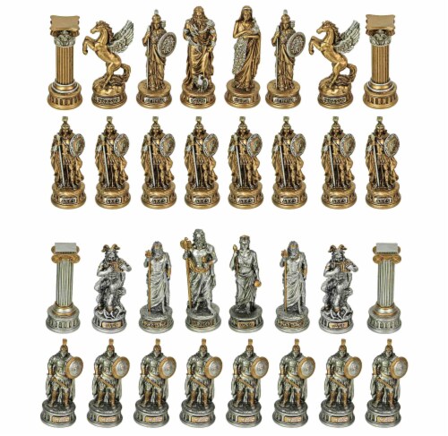 Bronze and Silver Finish Greek / Roman Gods Pantheon Chessmen Set Chess Pieces Perspective: front