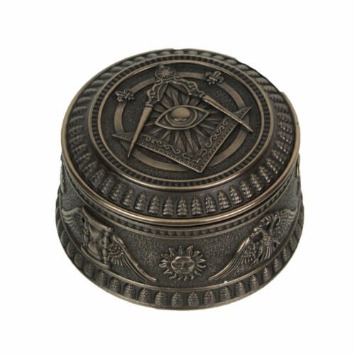 Masonic Eye of Providence Symbol Bronze Finish Round Trinket Box Freemasons Perspective: front