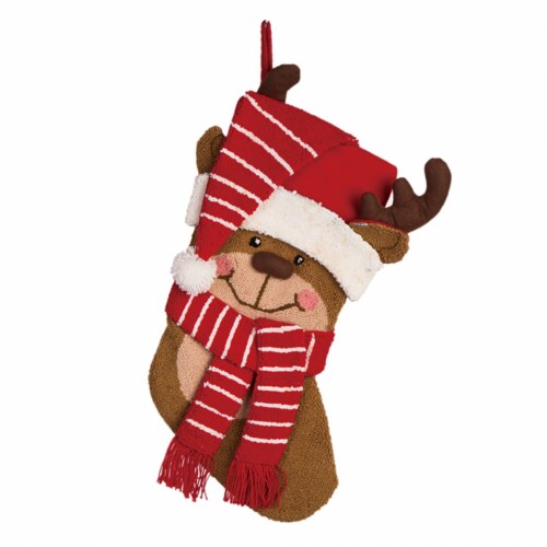 Glitzhome 19 Inch Length Hooked Stocking, 3D Reindeer Perspective: front