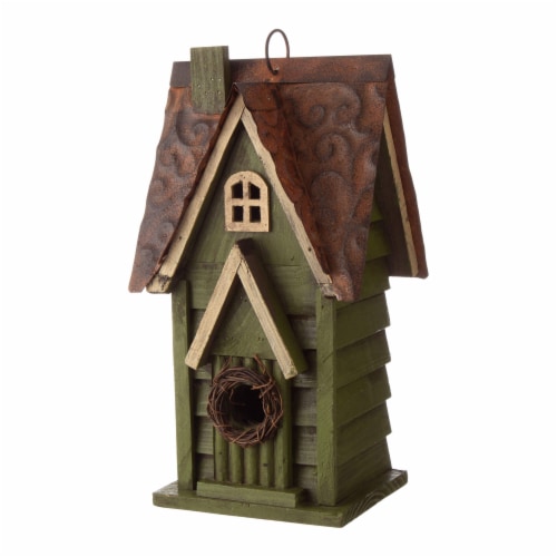 Glitzhome Distressed Solid Wood & Metal Birdhouse Perspective: front