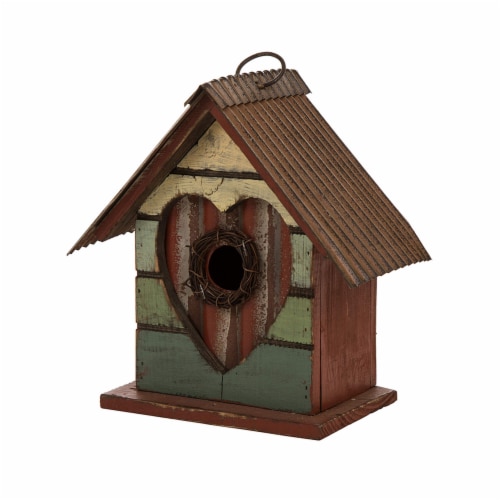 Glitzhome 8.66 H Heart Design Wooden Bird House, Distressed Textured Perspective: front