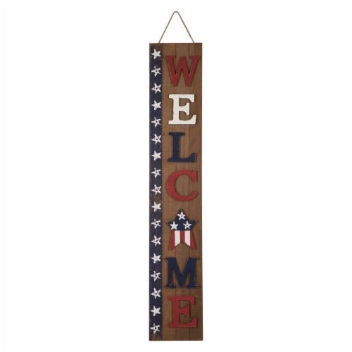 Glitzhome Wooden Patriotic Stars Welcome Porch Sign Perspective: front