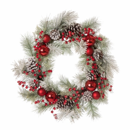 Glitzhome 24 Inch Diameter Flocked Pinecone & Ornament Wreath Perspective: front