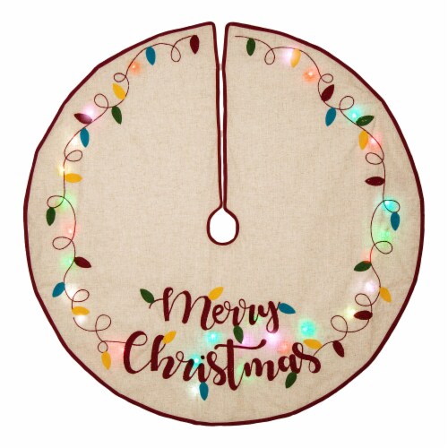 Glitzhome LED Embroidered Merry Christmas Tree Skirt - Light Brown Perspective: front