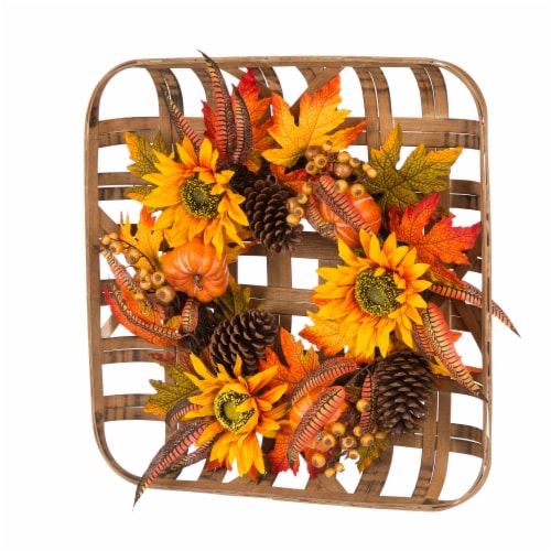 Glitzhome Bamboo Tobacco Basket with Sunflower Wreath Perspective: front