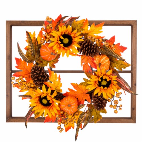 Glitzhome Wooden Window Frame with Sunflower Wreath Perspective: front
