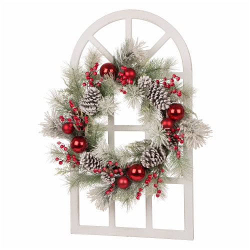Glitzhome Wooden Window Frame & Flocked Pinecone & Ornament Wreath Perspective: front