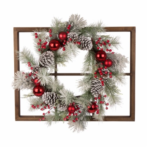 Glitzhome Wooden Window Frame & Flocked Pinecone & Ornament Wreath Perspective: front