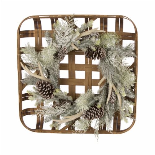 Glitzhome Bamboo Tobacco Basket with Flocked Pinecone & Antler Wreath - Green Perspective: front