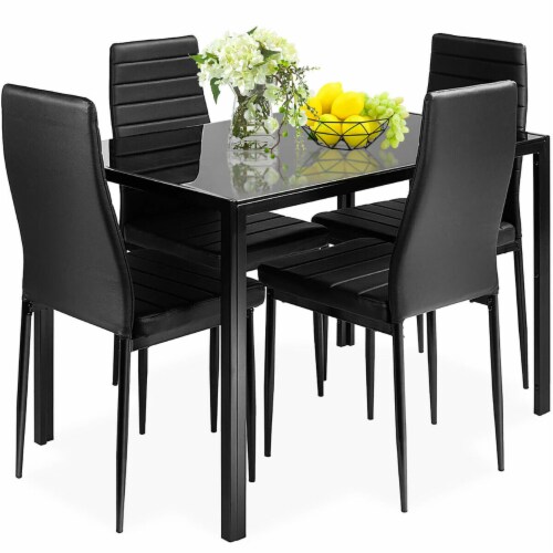 5 Piece Kitchen Dining Set Glass Metal Table and 4 Chairs Breakfast Furniture Perspective: front