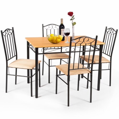 Costway 5 PC Dining Set Wood Metal 30 Table and 4 Chairs Black Kitchen Breakfast Furniture Perspective: front