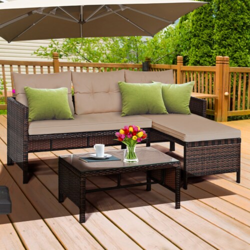 Gymax 3PC Rattan Furniture Set Outdoor Patio Couch Sofa Wicker Set Perspective: front