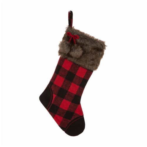 Glitzhome 21 Inch Length Fur Black/Red Buffalo Plaid Stocking Perspective: front