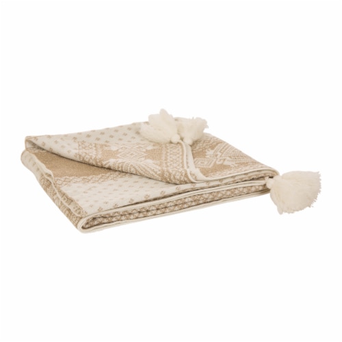 Glitzhome Knitted Beige Gold Lurex Throw Blanket with Tassels Perspective: front