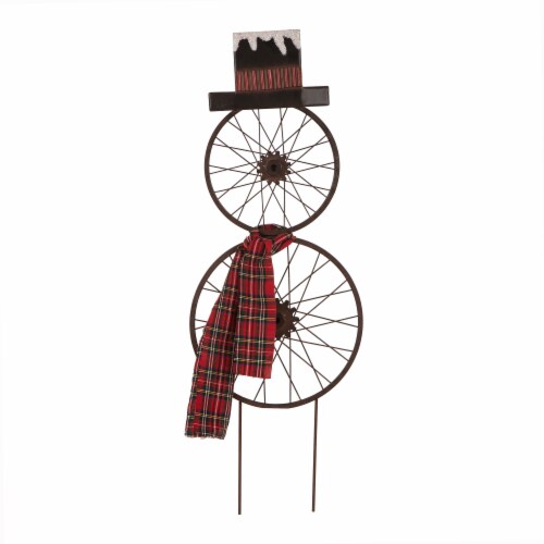 Glitzhome Bicycle Wheel Christmas Porch Sign Snowman Metal Yard Stake, 36 Inch Perspective: front