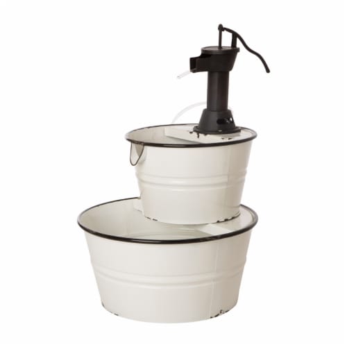 Glitzhome Farmhouse Metal Enamel Two Tier Fountain With Pump - White Perspective: front