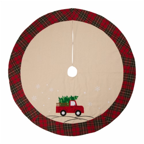 Glitzhome Fabric Christmas Tree Truck Skirt - Light Brown / Red Perspective: front
