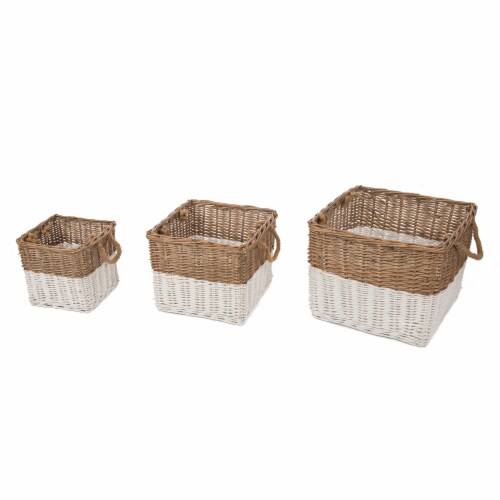 Glitzhome Square Willow Baskets with Rope Handles - Natural/White Perspective: front