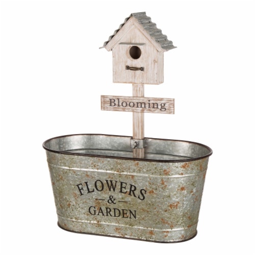 Glitzhome Galvanized Farmhouse Metal Planter with Bird House Perspective: front