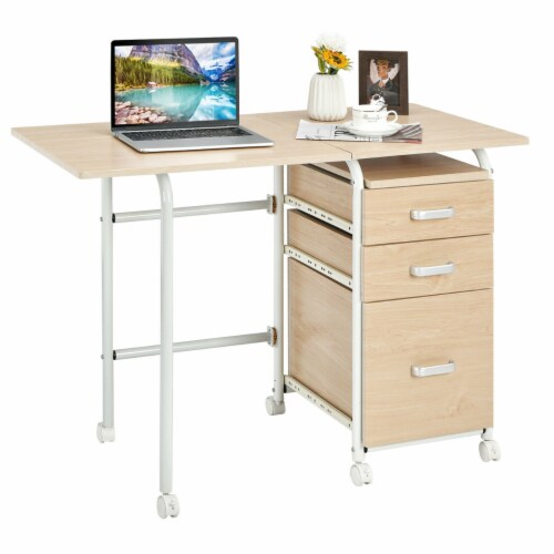 Folding Computer Laptop Desk Wheeled Home Office Furniture With 3 Drawers Perspective: front
