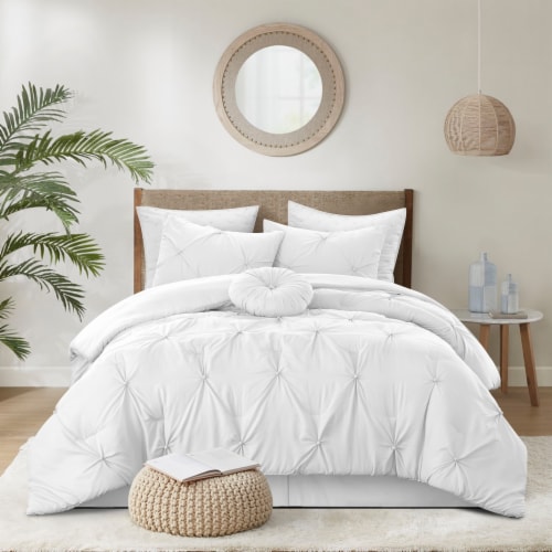 Baylie Comforter Set Pinch Pleated Pintuck , Solid Neutral Color white