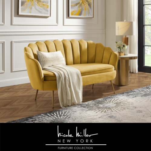 Dallin Loveseat Upholstered Channel Tufted, Scalloped Edges, Tapered