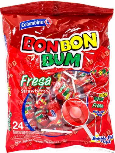 Colombina Bon Bon Bum Fresa Strawberry Bubble Gum Pops Perspective: front