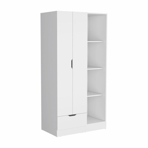 Memphis Wardrobe Armoire With 4-Tier Storage Shelves And 1 Drawer-White -Bedroom Perspective: front