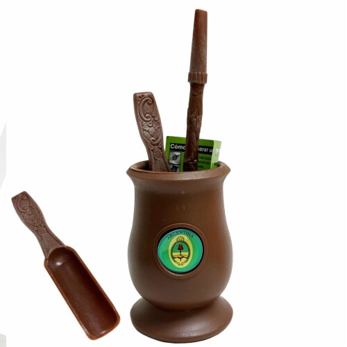 Argentina Mate Gourd Yerba Plastic Tea Cup Straw Bombilla Kit Self Clean Brown Perspective: front