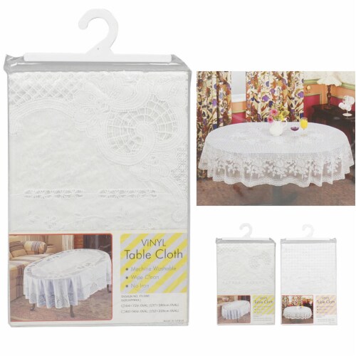 Vinyl White Oval Tablecloth 54 X 72 Design Table Cover Party Easy Wipe Clean Perspective: front