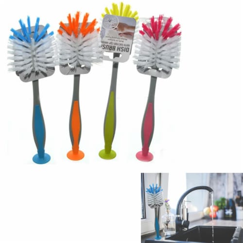 Plastic Dish Cleaning Brush with Suction Cup Set of 3 | Washing Up Brushes  for Kitchen Sink Cleaning, Dishes, Pans, Pots | Scrubbing Brush with