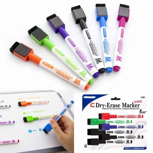 6 Pc Dry Erase Whiteboard Markers Assorted Colors Eraser Office School Low Odor Perspective: front