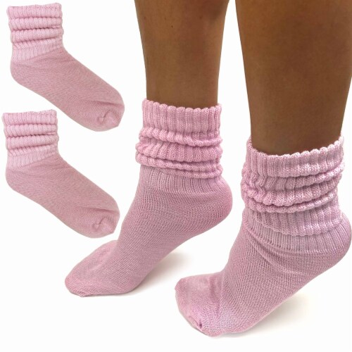 2 Pairs Pink Girls Soft Slouch Socks Plush Cotton Thick Knit Scrunch Junior 6-8 Perspective: front