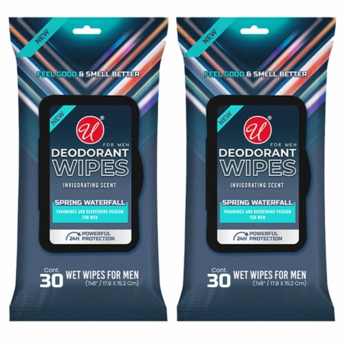 2 Packs Men's Deodorant Wipes Refreshing Moist Hand Cleaning Spring Scent 60 Ct Perspective: front