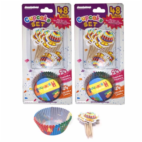 96 Pc Happy Birthday Cupcake Liners Toppers Wrapper Baking Cups Party Decoration Perspective: front