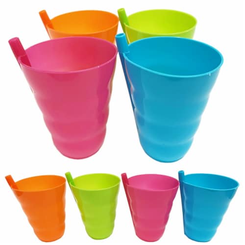 8 Plastic Cup with Built in Straw Sip Dishwasher Safe Assorted Colors