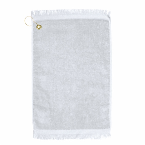 Premium Fringed Velour Golf Towel with Corner Hook &Grommet Placement-White Perspective: front