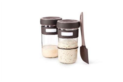 Lekue Sourdough Starter Set with 2 Jars and Silicone Spatula, Brown Perspective: front
