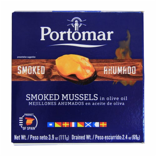 Portomar Smoked Mussels in Olive OIl Perspective: front