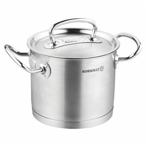 YBM Home a1165 9.4 in. Dia. x 3.9 in. Korkmaz Stainless Steel Stockpot with Lid & Handles&#44 Perspective: front